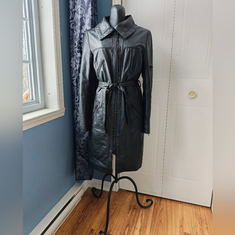 Classic Black Leather Trench Coat with Belt
